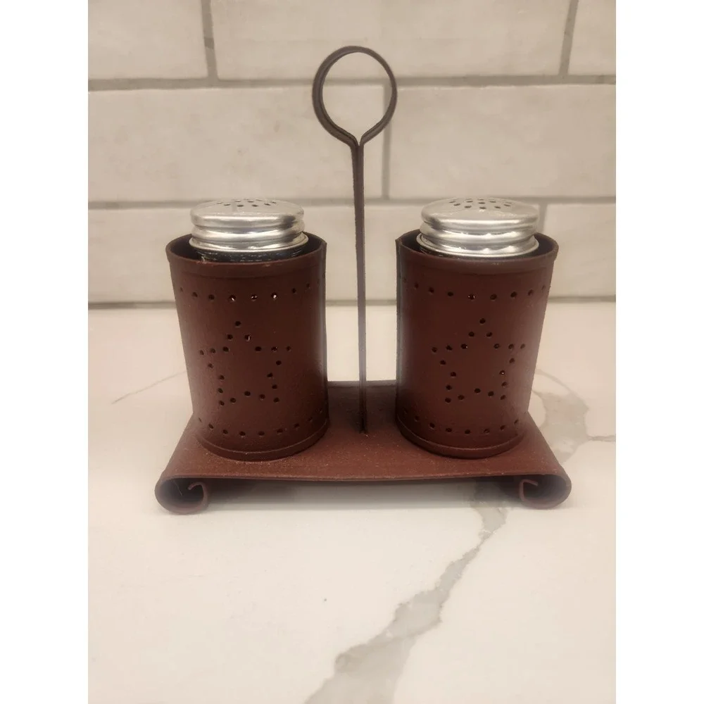 Primitive Rustic Star Farmhouse Salt and Pepper Shaker Holder Set Punched Tin